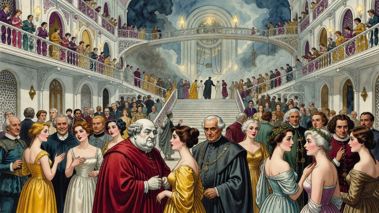 A heavy-jawed theatre impresario with a Caligula-like face talks with a lady in saffron; nearby stands a sombre official.