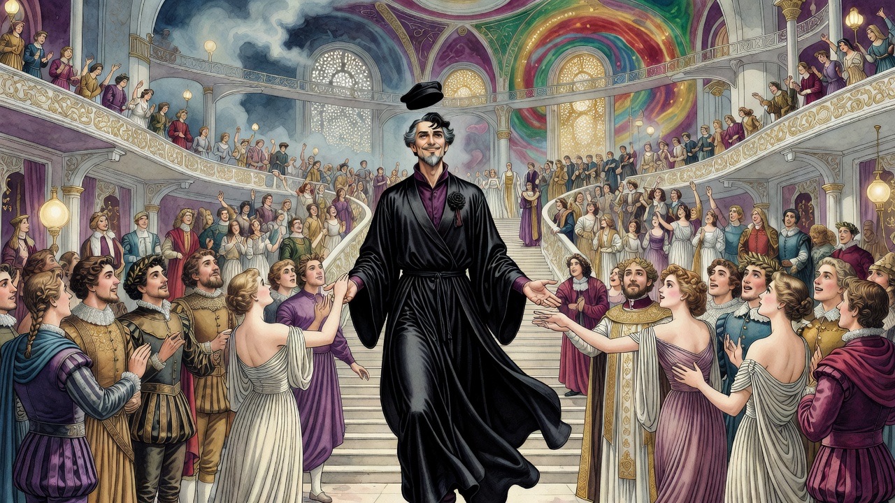 The black-robed man strides regally through a glittering crowd, robe falling in bold folds, face lifted with pride.