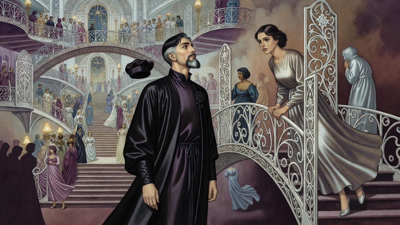 Looking up past the black-robed man, a young woman in luminous grey watches him from a porcelain bridge, half hidden.