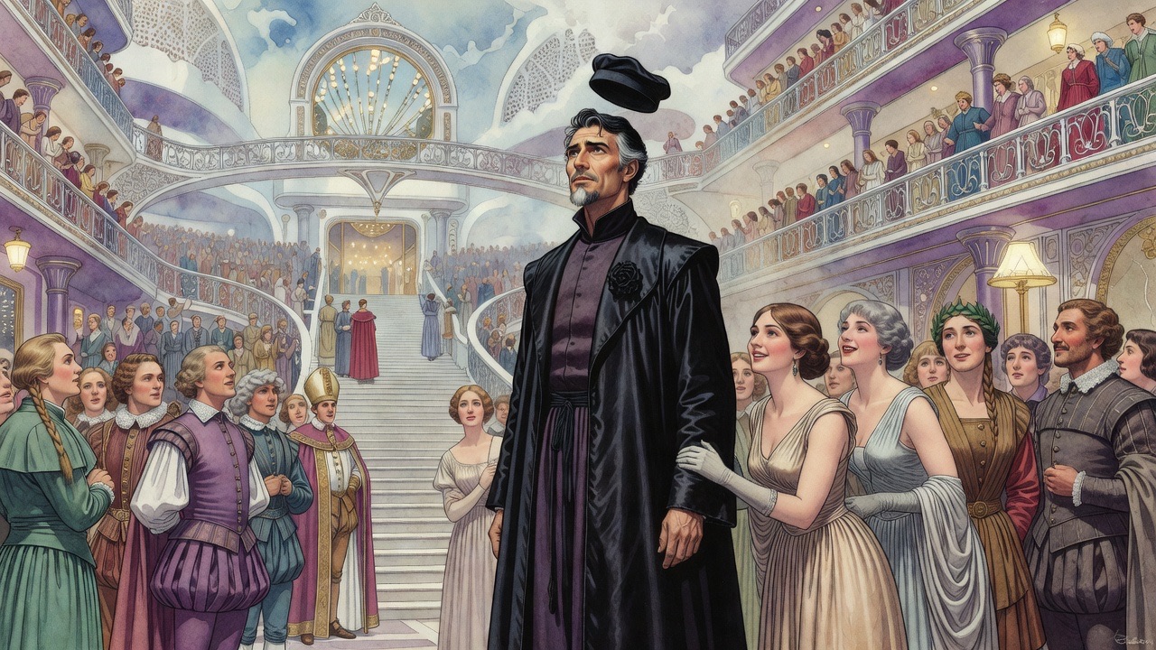 Amid a cluster of alluring ladies, the black-robed man's eyes drift upward and away, restless.