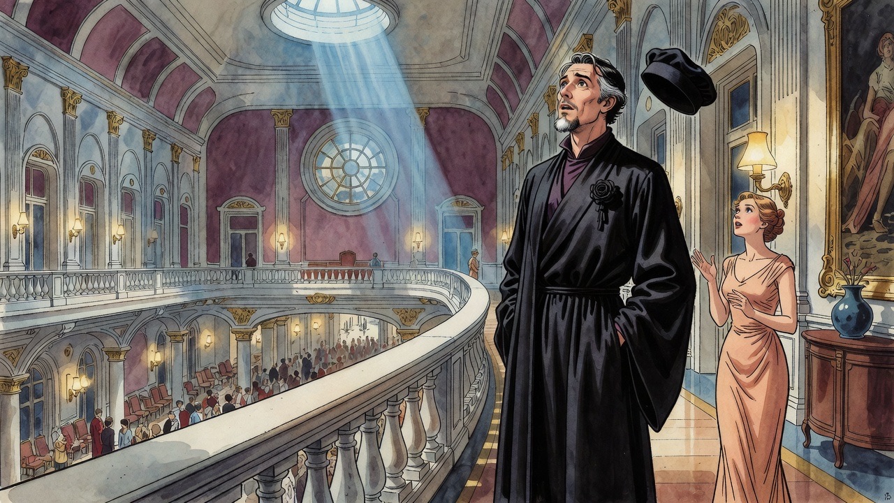 In an upper gallery, the black-robed man breaks off from a bright-eyed lady and glances up, startled by a distant song.
