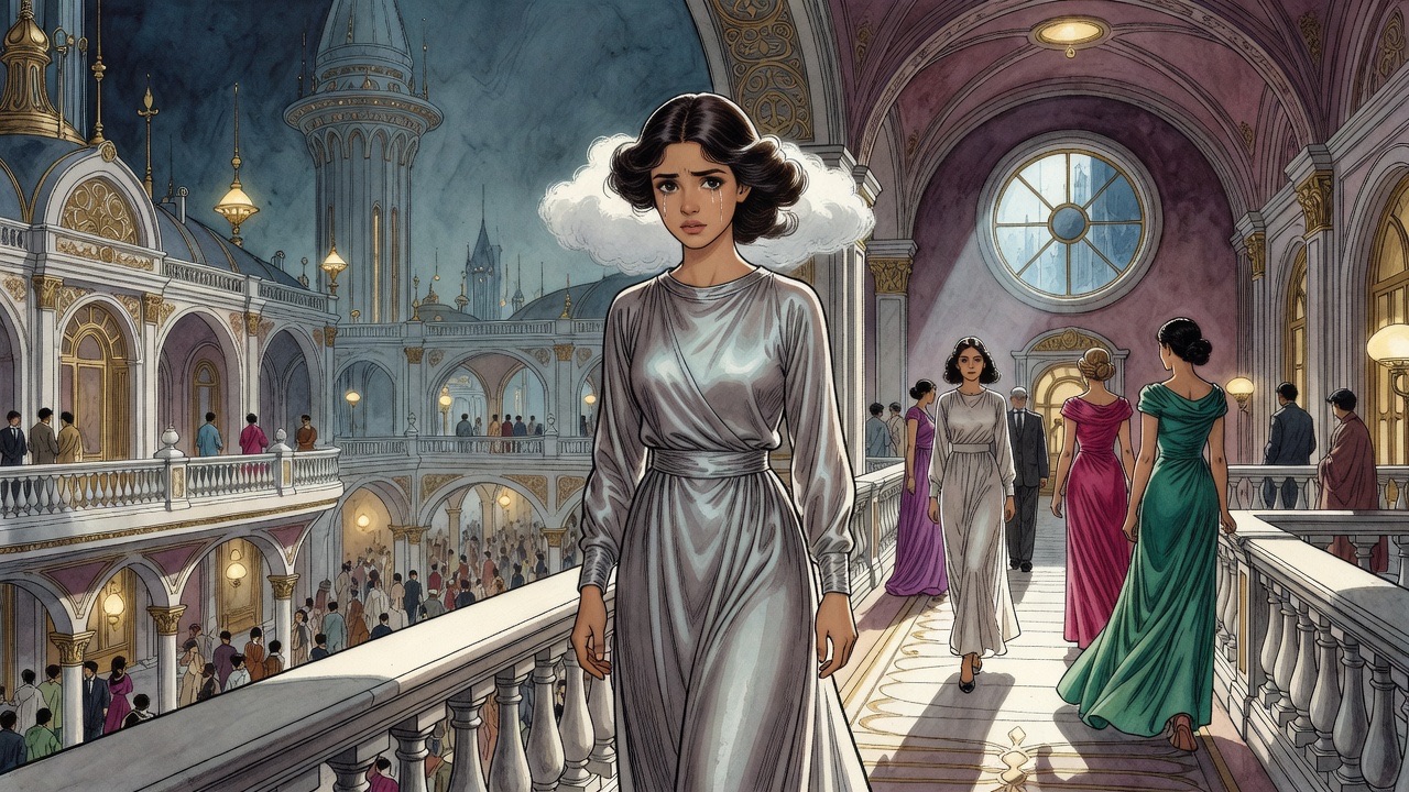 A young woman in a softly glowing grey robe walks along a gallery, cold light from a round window falling on her downcast face.