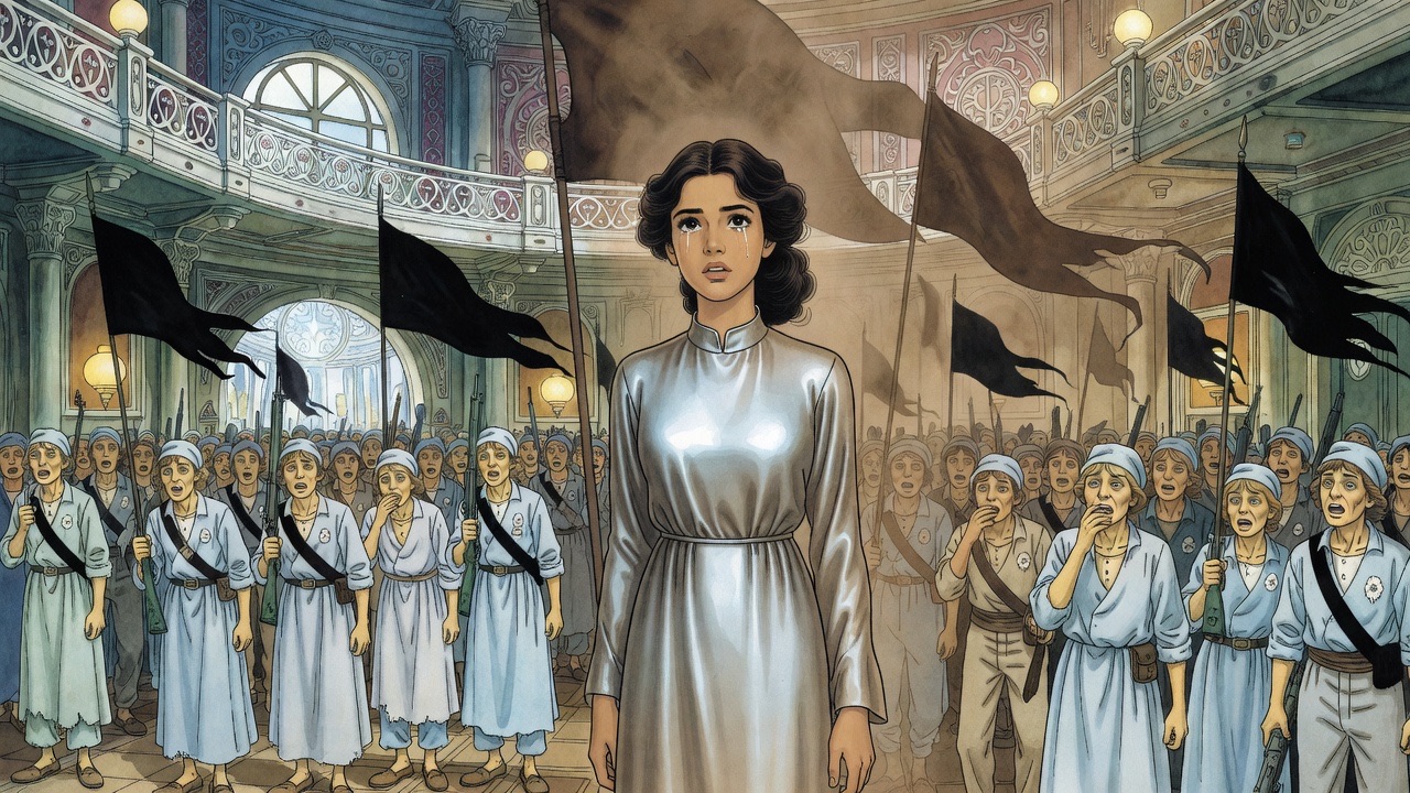 Close on the young woman's steady, glowing face as she speaks, a ghostly memory of a vast singing crowd rising behind her.