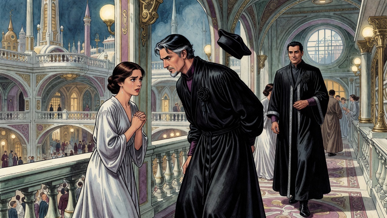 The young woman speaks urgently to the black-robed Master, glancing aside, as the courtier approaches through the crowd behind.