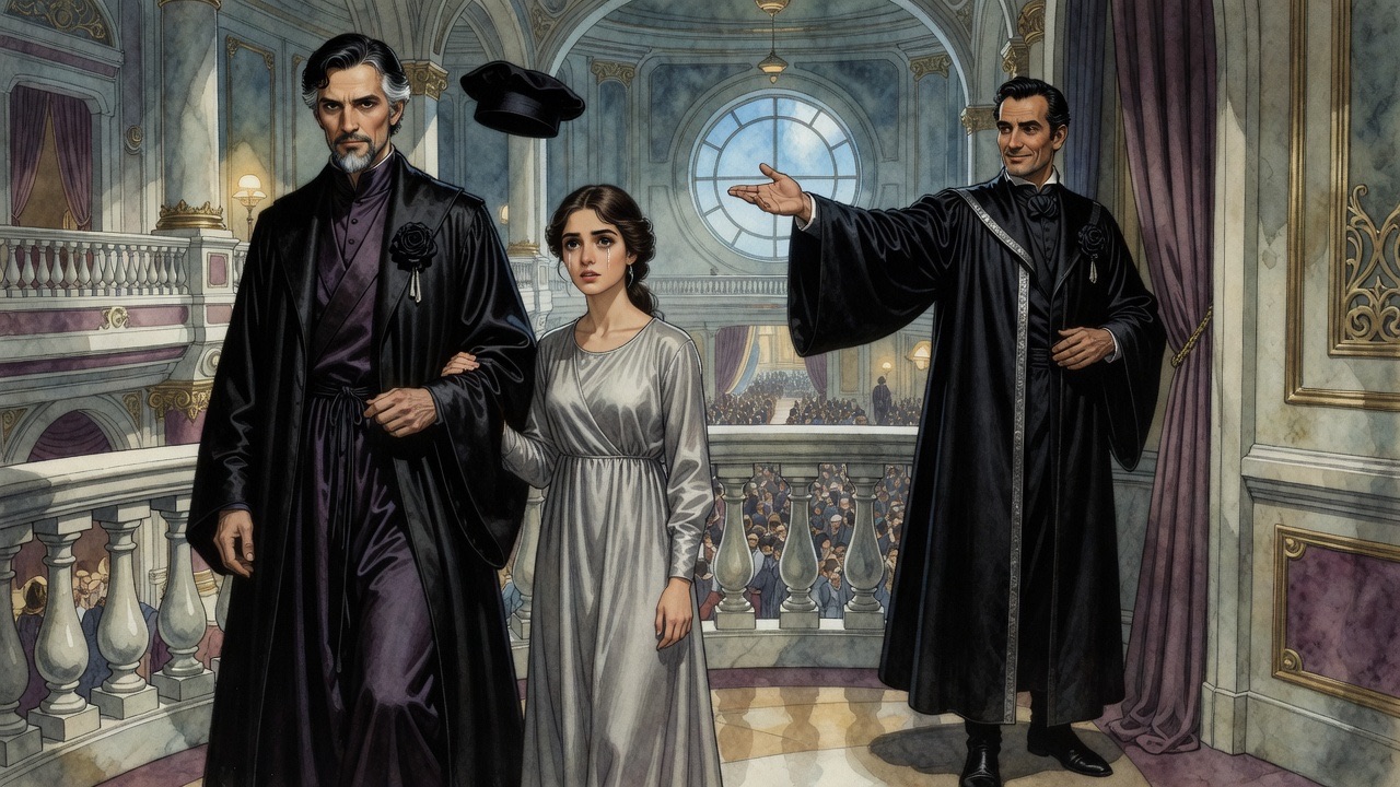 The courtier sweeps a hand at the splendid gathering, the girl stands silent, and the Master bows to her before turning away.