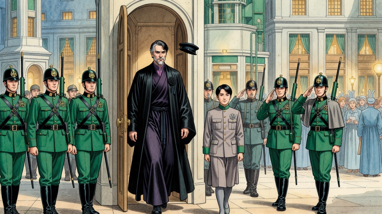 Guards in verdigris-green tunics form a double file outside a lit façade as the black-robed Master and his small attendant emerge.