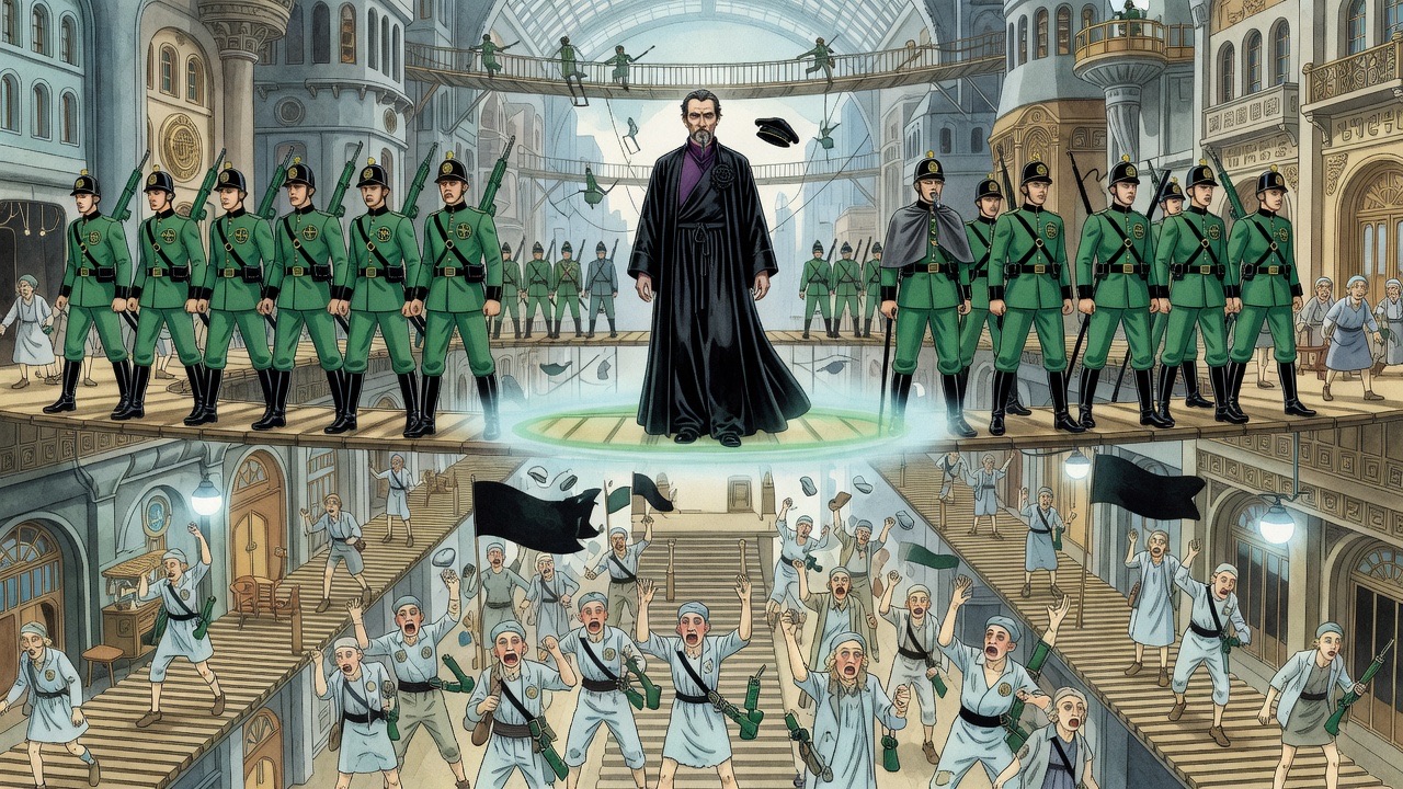 From above, the guarded Master rides the upper moving platform while crowds in blue swarm up the central staircases, shouting.