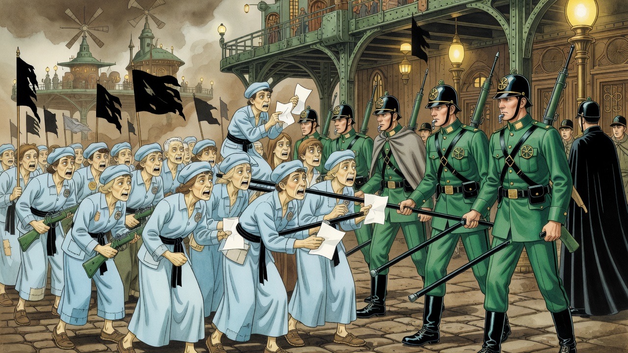 At the foot of the stage, thin hands in blue sleeves reach past the guards' staves toward the Master, holding folded papers.