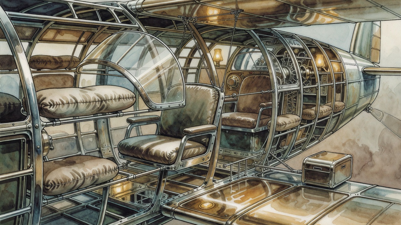Close detail of a swinging passenger chair hung in tackle inside the ribs, with a wind-guard and air-cushioned rods.