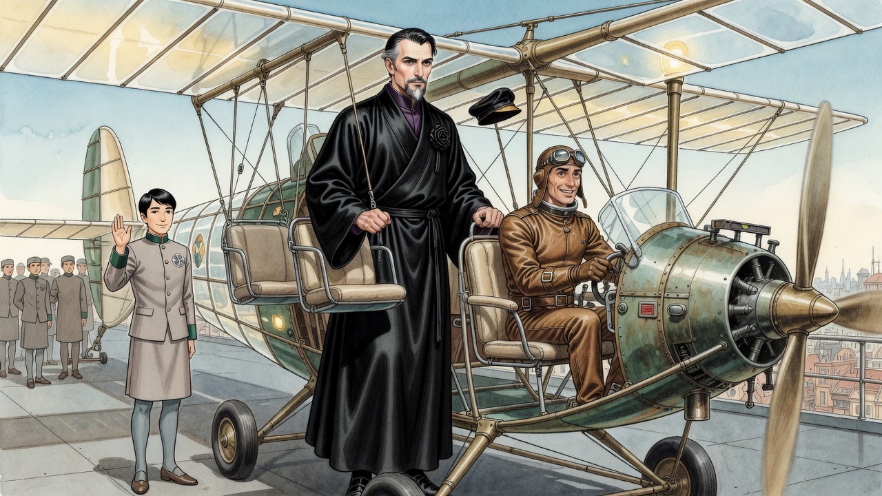 Seated in the open chair of the monoplane, the black-robed man looks down at his small attendant waving from the deck below.