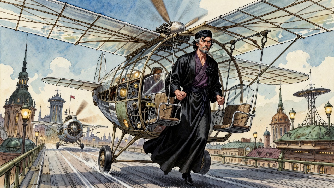 The flying stage and the city beyond tilt sharply as the monoplane lifts, the passenger gripping the rods.