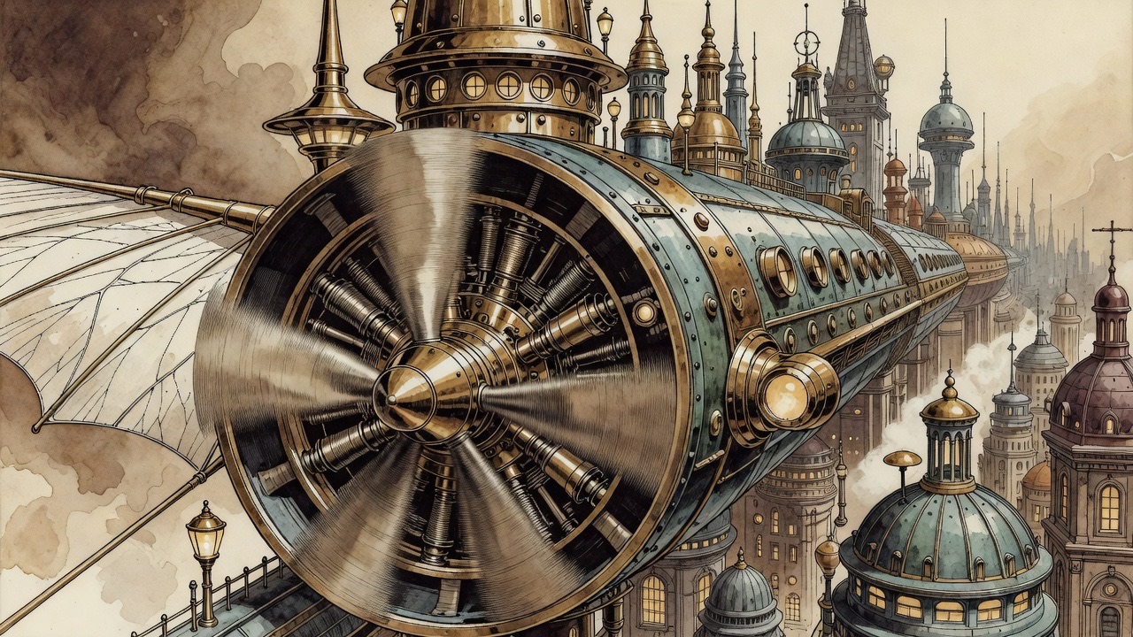 Close on the stern of the monoplane: a spinning propeller driven by a gleaming central engine against the sky.