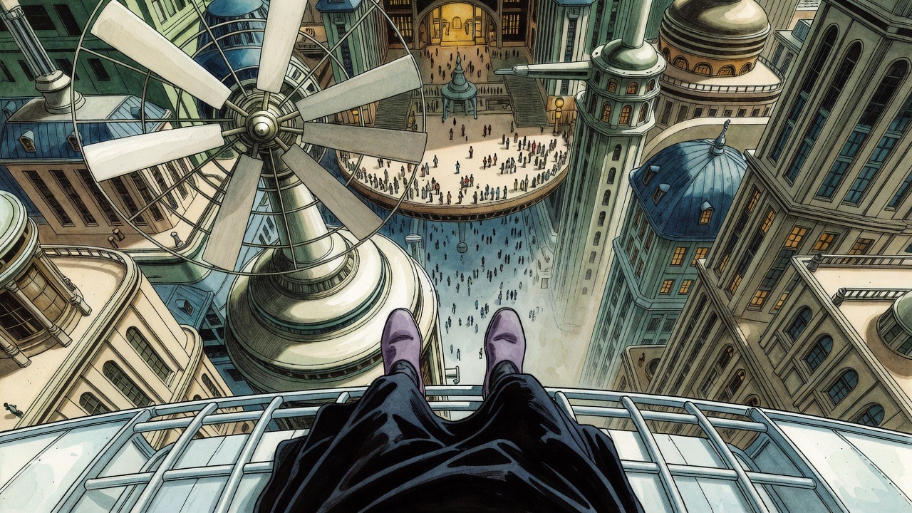 Looking down between a man's feet from the monoplane: a giant wind-wheel far below and a flying stage dotted with people.