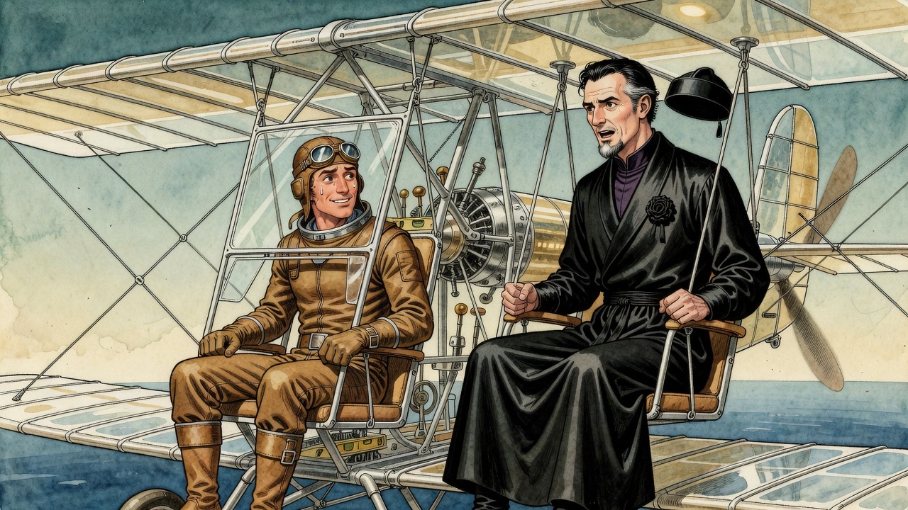 Through the ribs of the aircraft, the goggled aeronaut smiles back at the passenger, who returns a slightly forced smile.