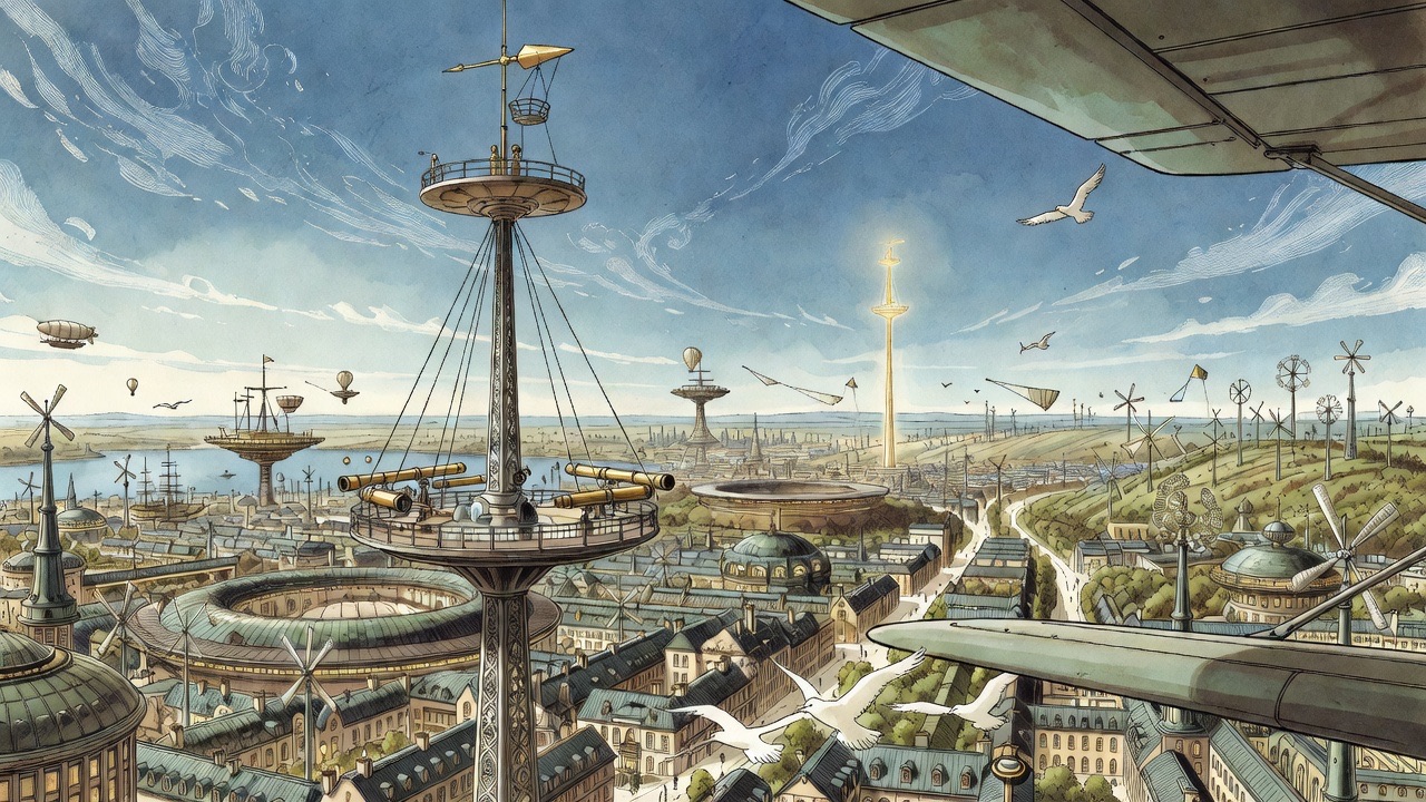 A flight of white birds hangs in the lower sky while the distant crow's-nest mast shines golden in the sun.