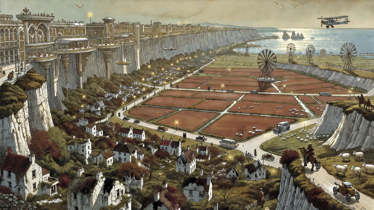 The edge of London rises as a sheer, ornate wall hundreds of feet high above a landscape of overgrown ruins.