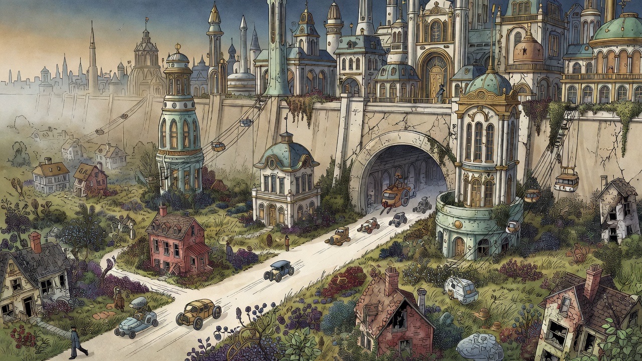 Crumbling suburban villas stand like islands in a sea of bramble and ivy, while a great arched gate pours traffic onto a pale road.