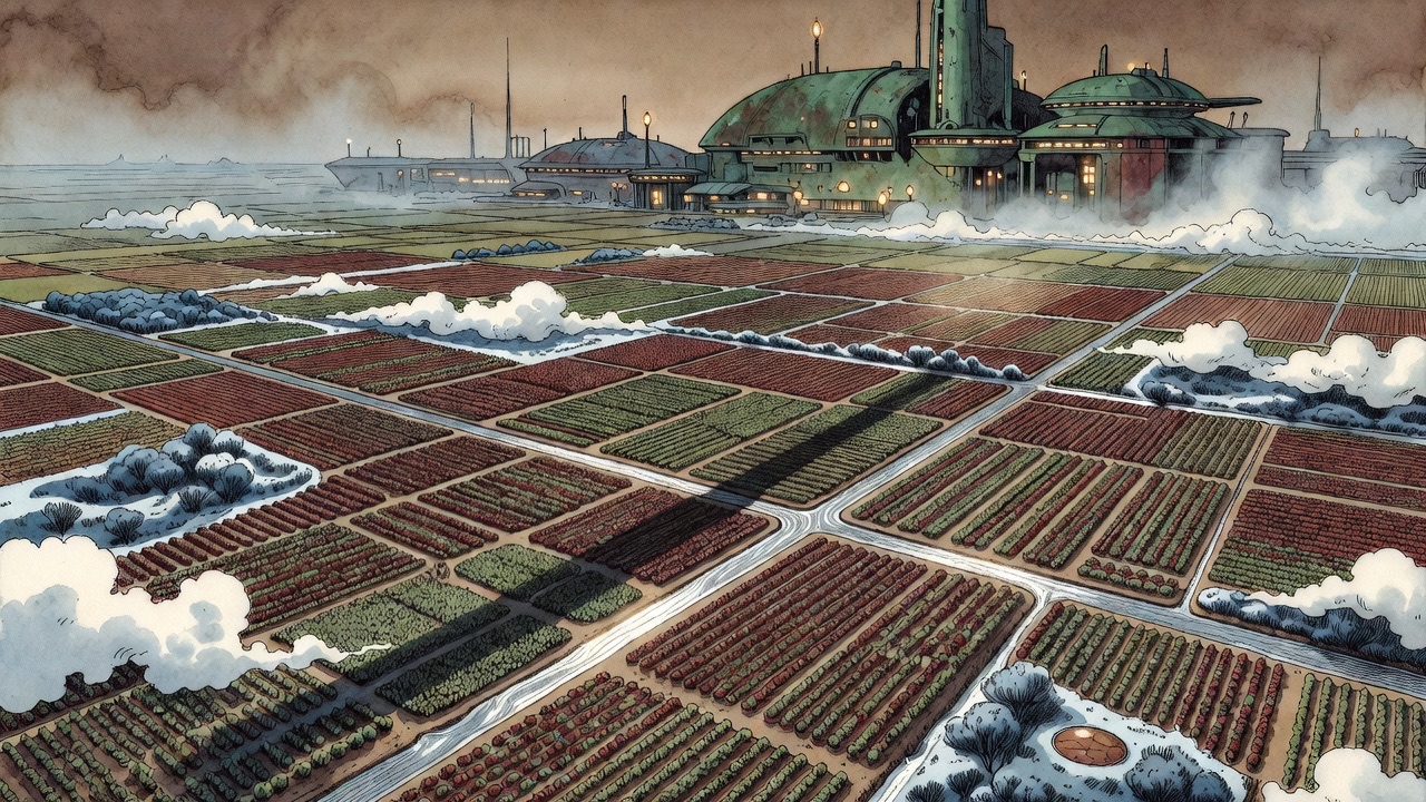 Straight down onto a patchwork of tiny ruddy-brown fields crossed by shining threads of water.
