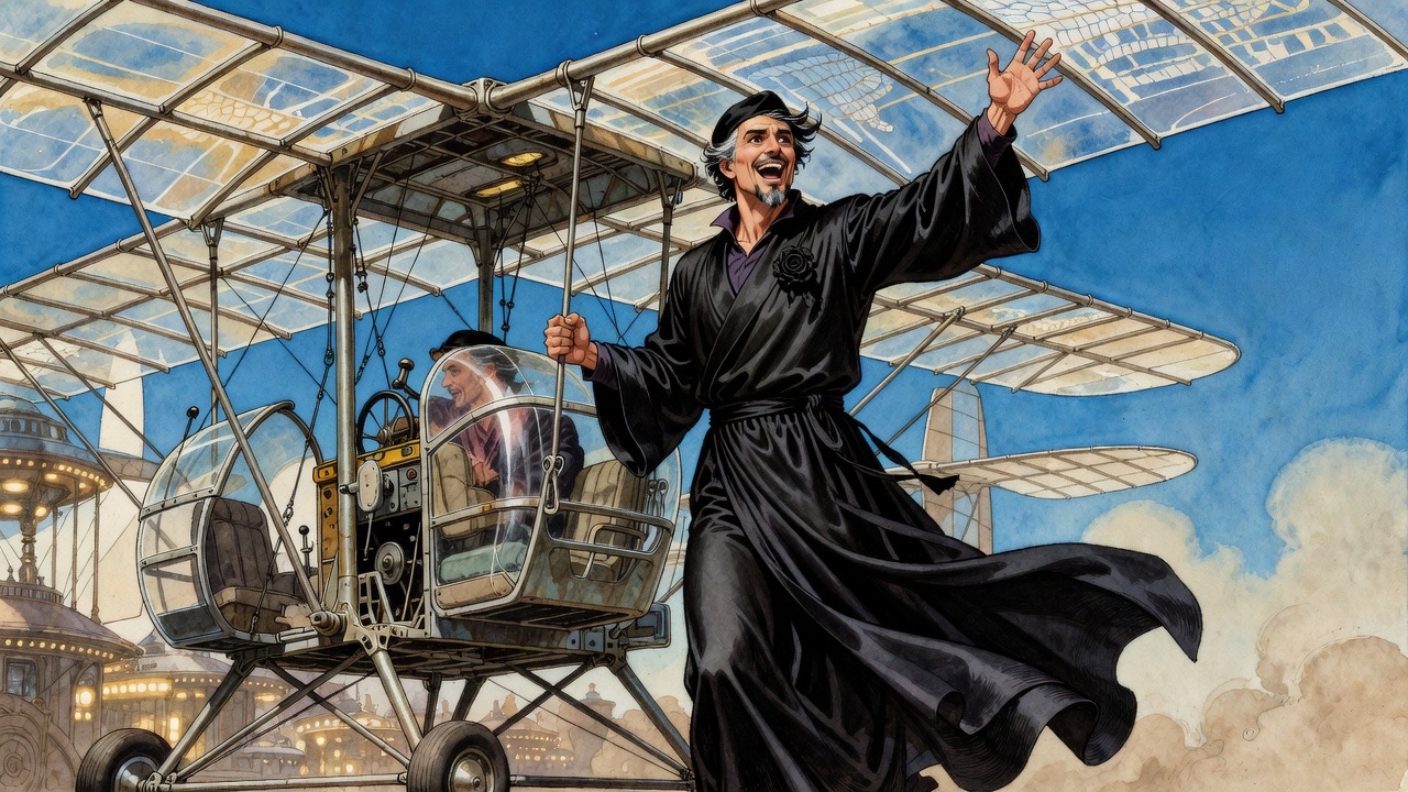 Low against the sky, the black-robed man throws back his head and shouts with joy, drawing in the rarefied air.