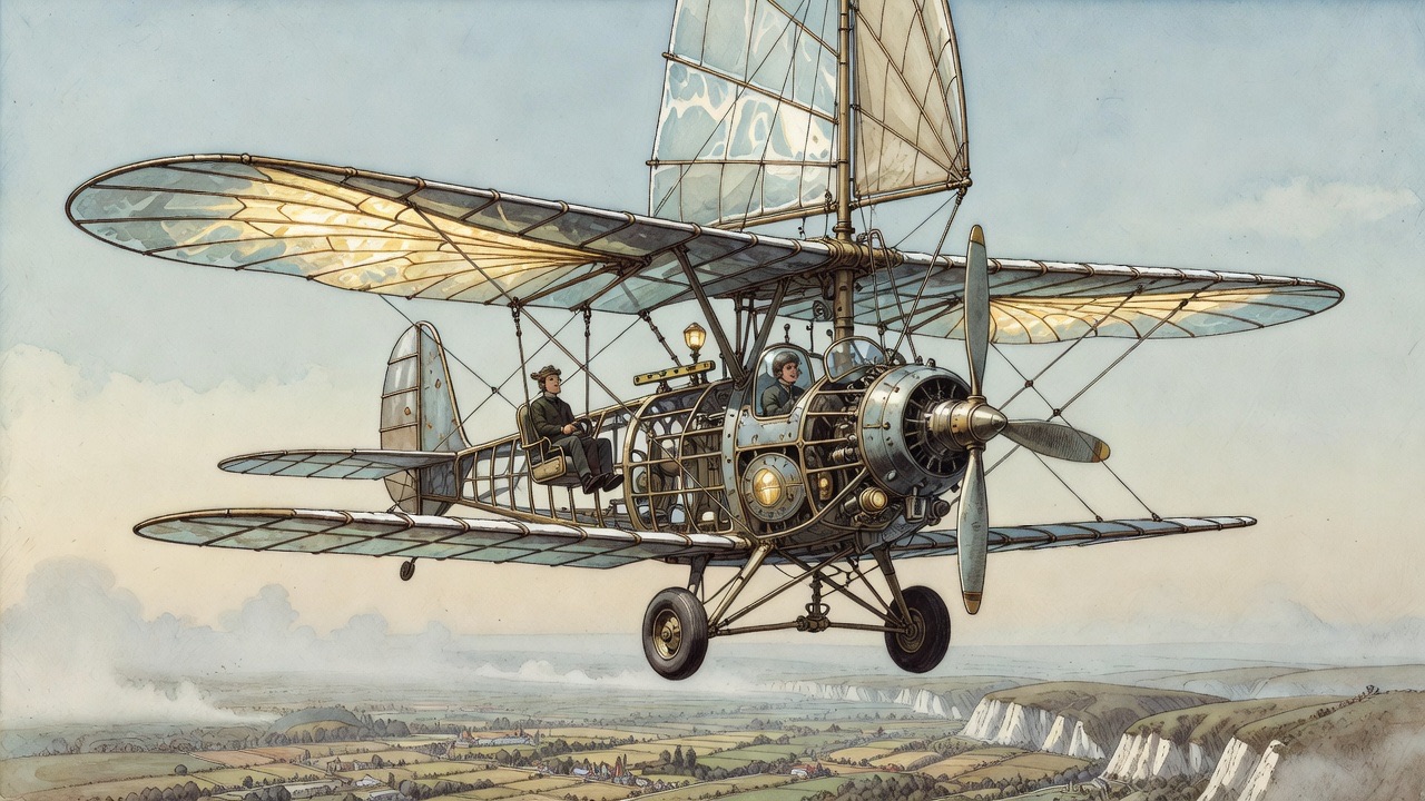 Seen from outside, the monoplane sweeps downward in a silent glide, propeller still, its translucent wings shining.