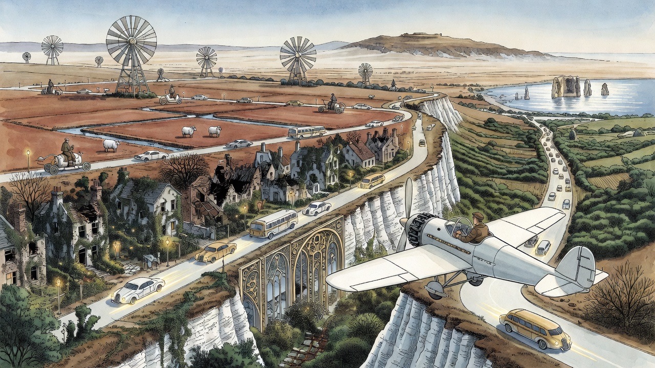 A sharp chalk ridge with a gorge and ruined town rushes beneath, while a broad glassy road teems with speeding shapes.