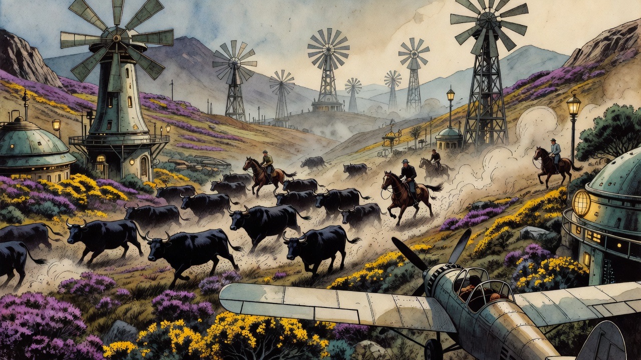 On purple heather speckled with yellow gorse, a drove of black oxen stampedes before two mounted men.