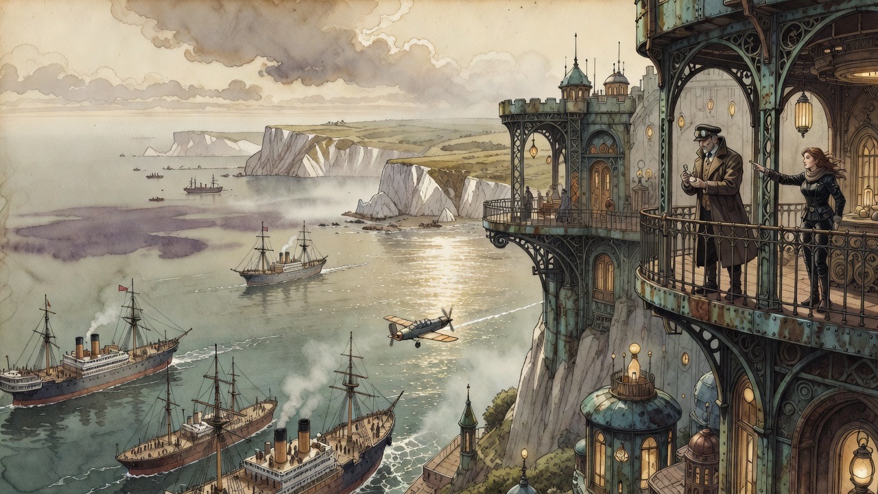 Beyond a towering landing stage, great ships crowd the water and the white cliffs of the Needles shine above a glittering sea.