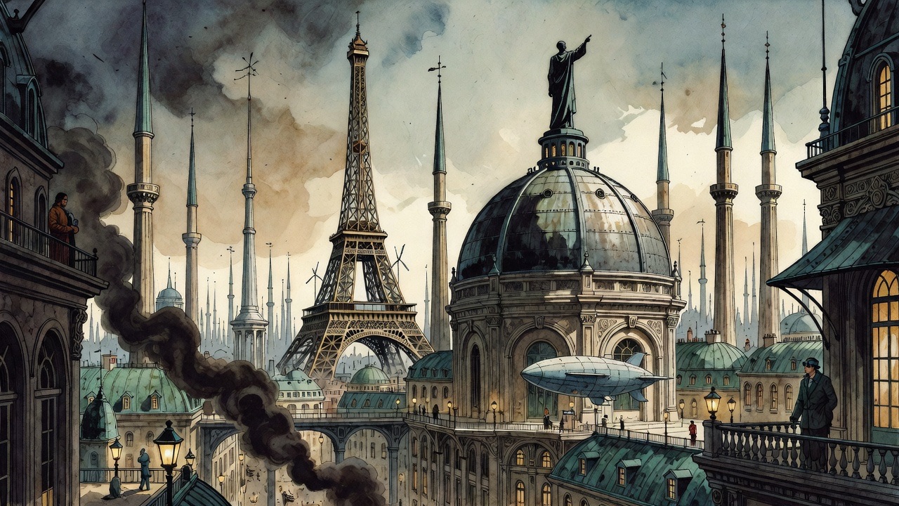 Across the haze, Paris rises with an old iron lattice tower, a great dome and slender minarets, a drift of smoke slanting from it.