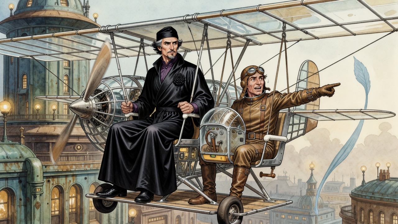 The goggled aeronaut points and shouts as a pale blue shape rushes up from the distant city like a dead leaf.