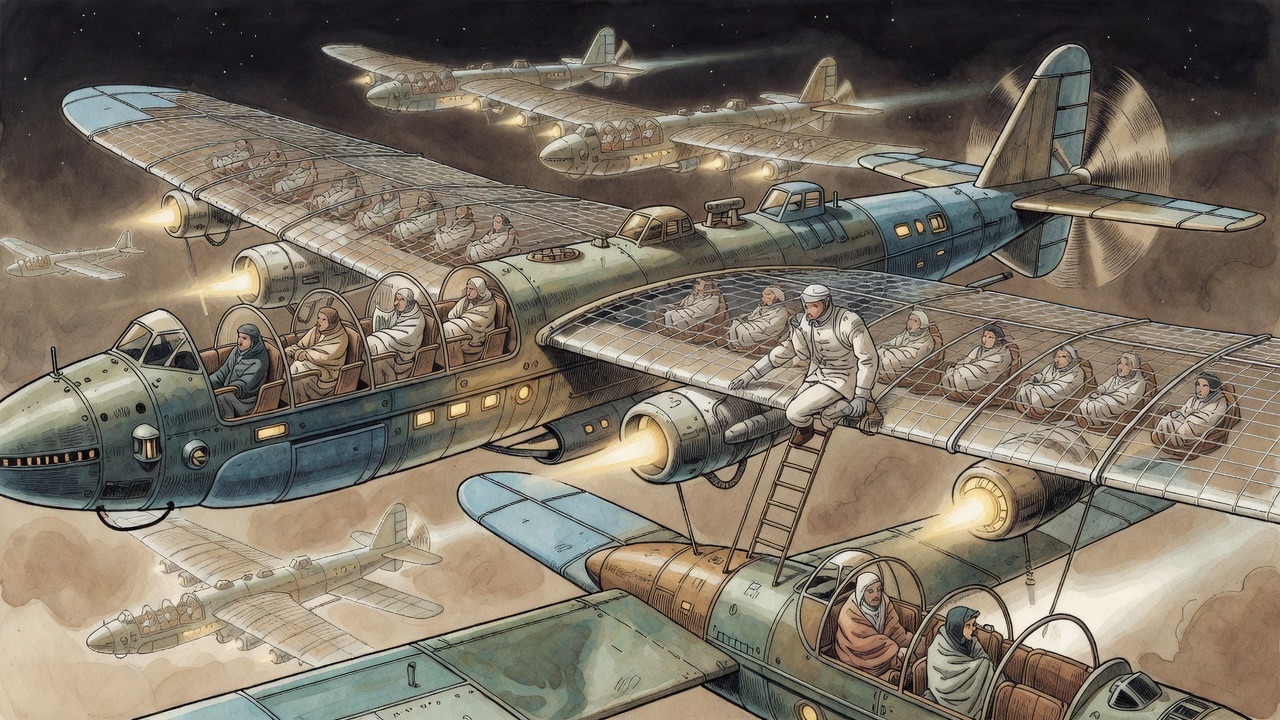 A gigantic winged airliner, rows of wrapped passengers in cradles, sweeps just beneath the small monoplane.