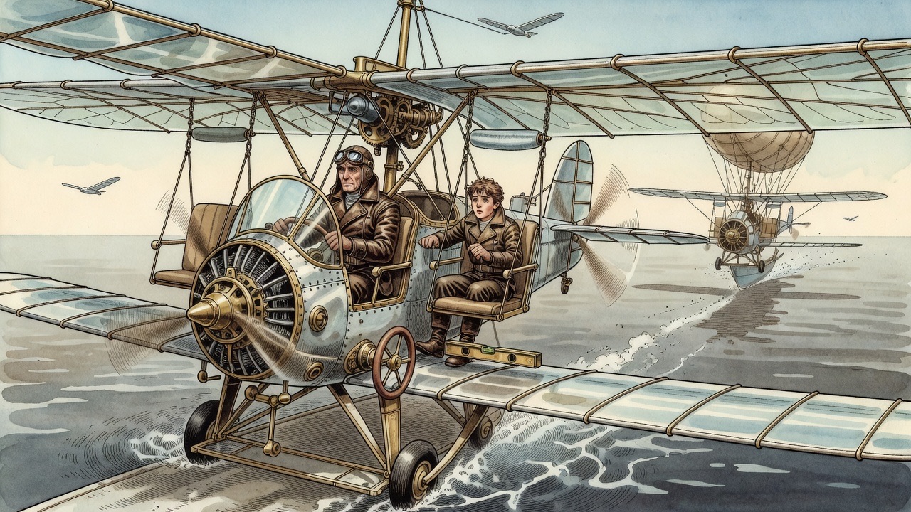 The little monoplane rocks in the rush of the giant aeroplane, which dwindles to a flat blue shape far off.