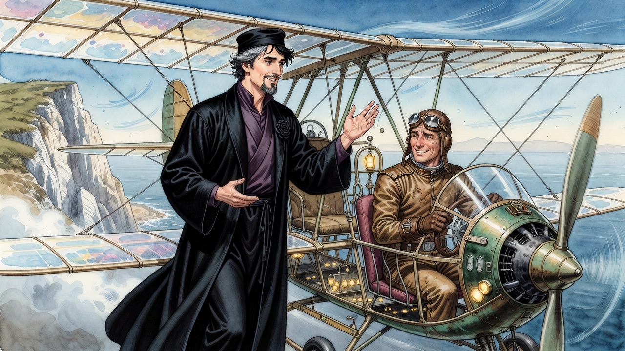 With Beachy Head grey on the horizon, the black-robed man laughs and waves off the aeronaut's call to land.