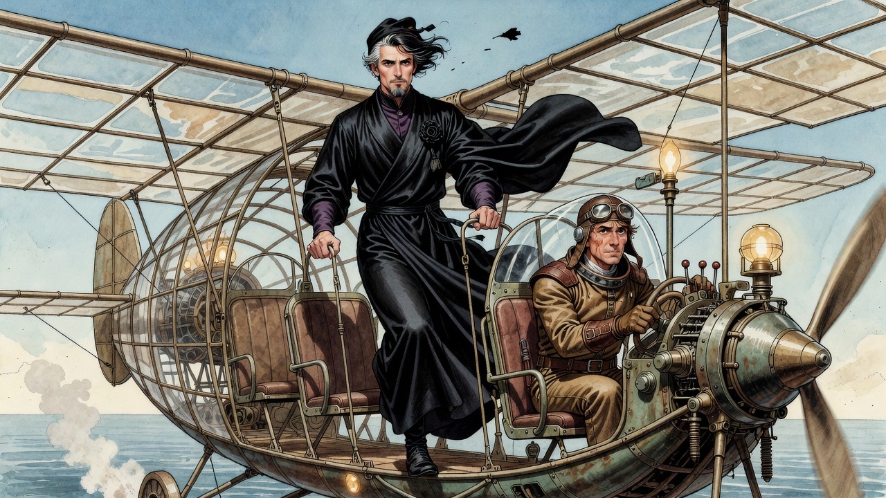 The black-robed man flings himself from his chair along the rail toward the pilot, his cap whirling off into the sky.