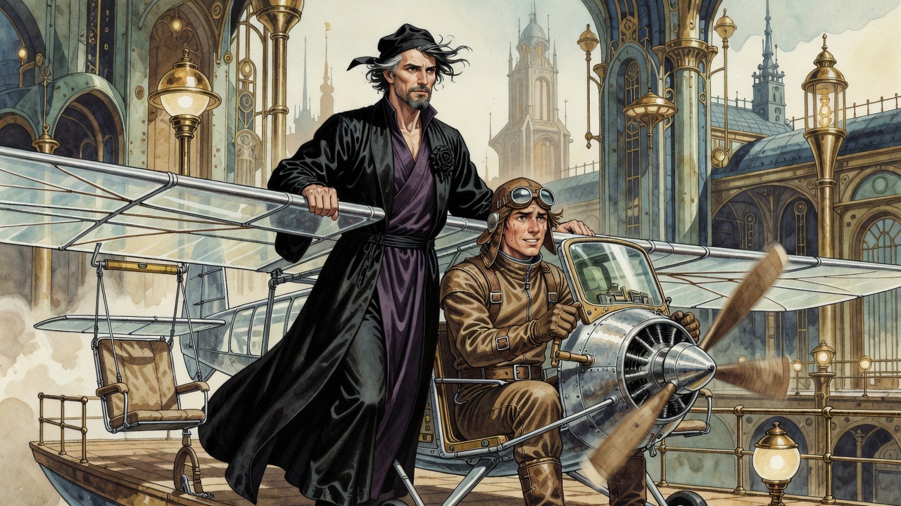 Clinging close beside the aeronaut, the bearded man's hair streams past his cheek in the gusting wind.