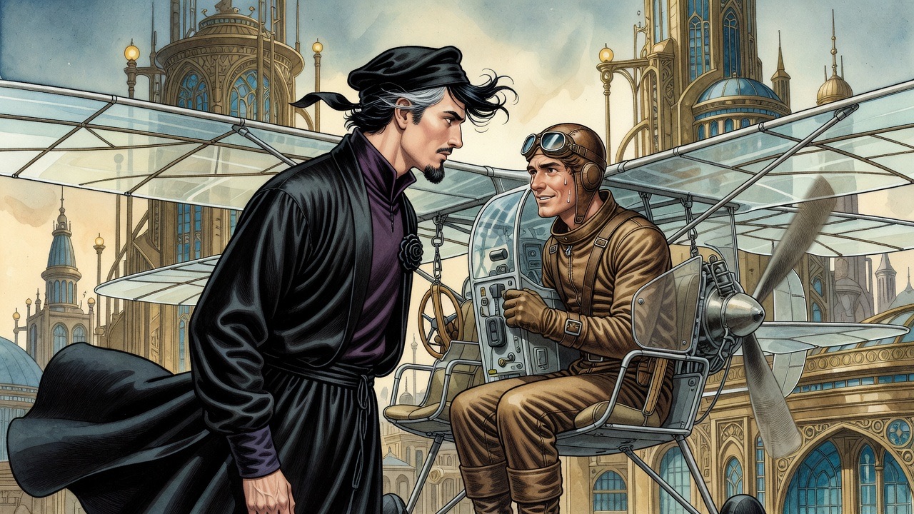 As the monoplane turns west, the Master and the aeronaut stare into each other's eyes, the wind tearing at the black robe.