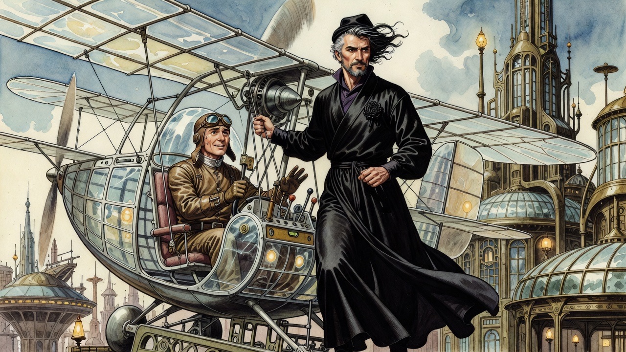 Swaying as the nose lifts, the bearded man grips the frame and clambers toward the pilot's seat, face fierce with desire.