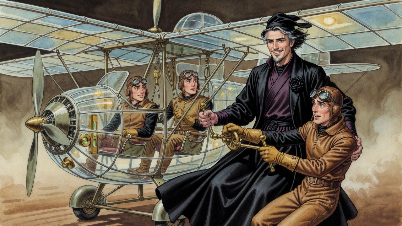 The bearded man swings round the levers into the pilot's seat as the aeronaut, behind him, grips his wrists on the controls.