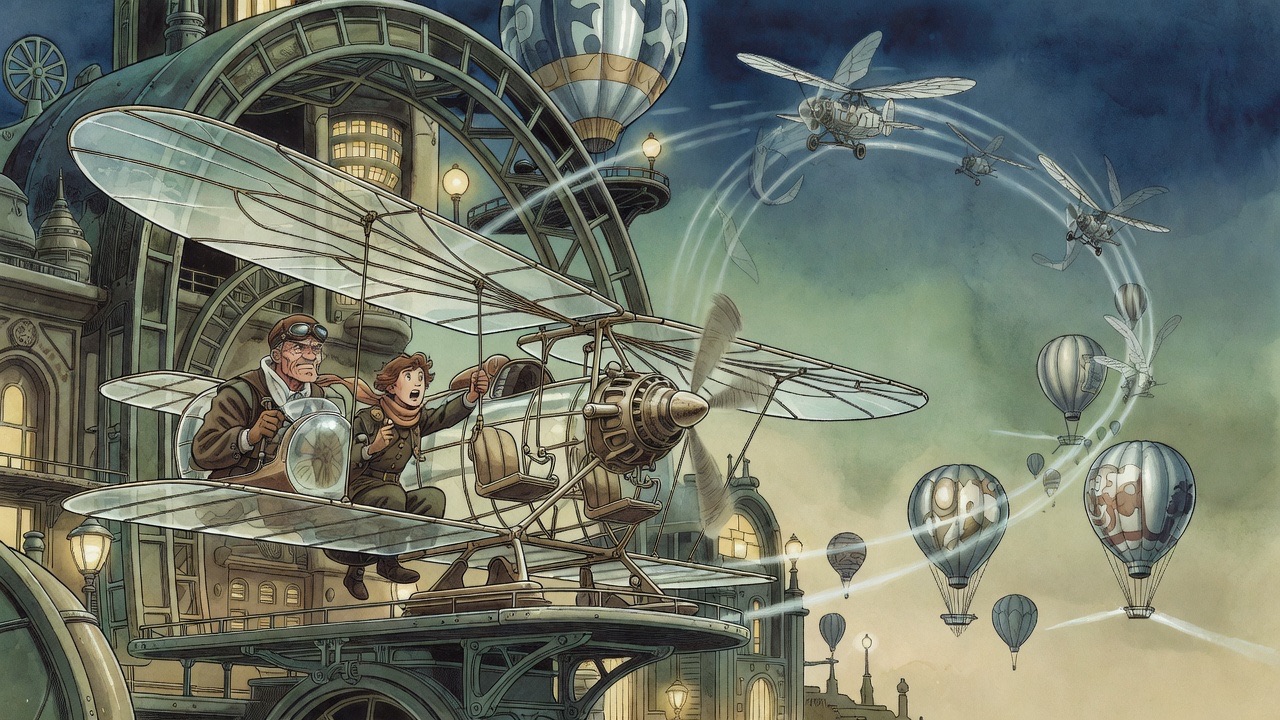 The monoplane swoops in steep spirals and loops through the sky, nearly striking a drifting park of balloons.