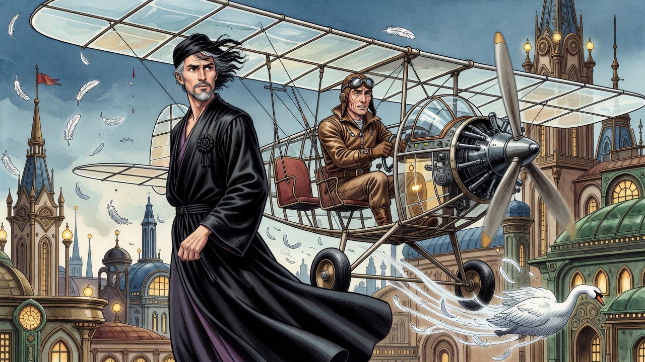 Behind the swooping monoplane, a white shape flutters down like a torn rag, a single red drop in the air.