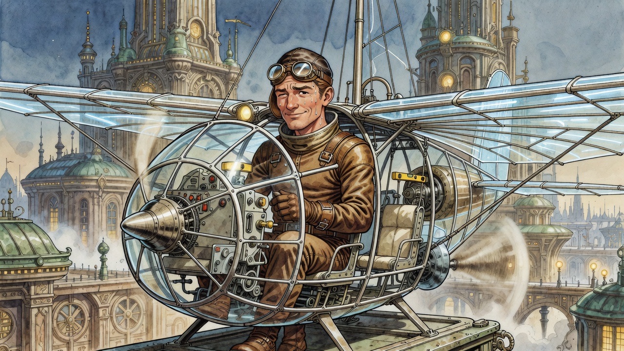Close on the silent aeronaut, beads of sweat on his forehead, eyes fixed ahead.