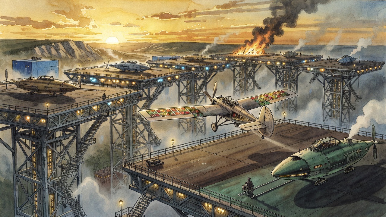 The monoplane rushes down toward the broad dark flying stage as the sun sinks over chalk hills, leaving the sky blazing gold.