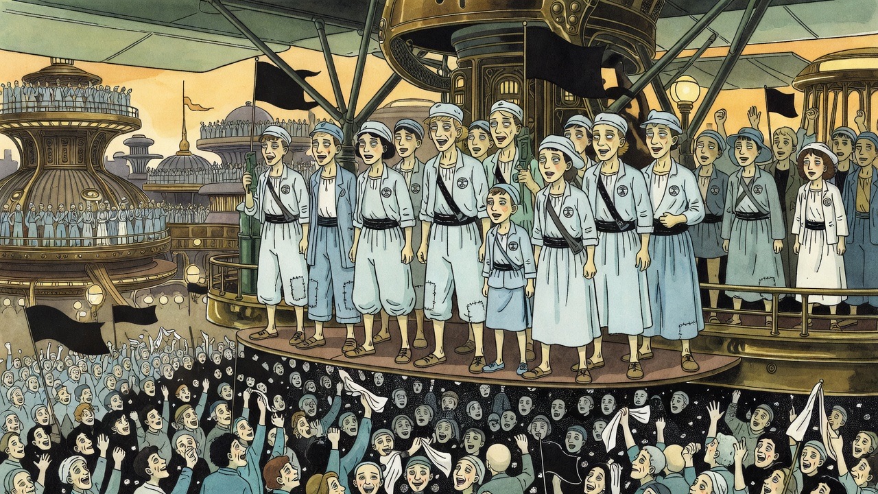 Crowds dense on the roofs around the stage wave white handkerchiefs and hands as the monoplane lands at sunset.