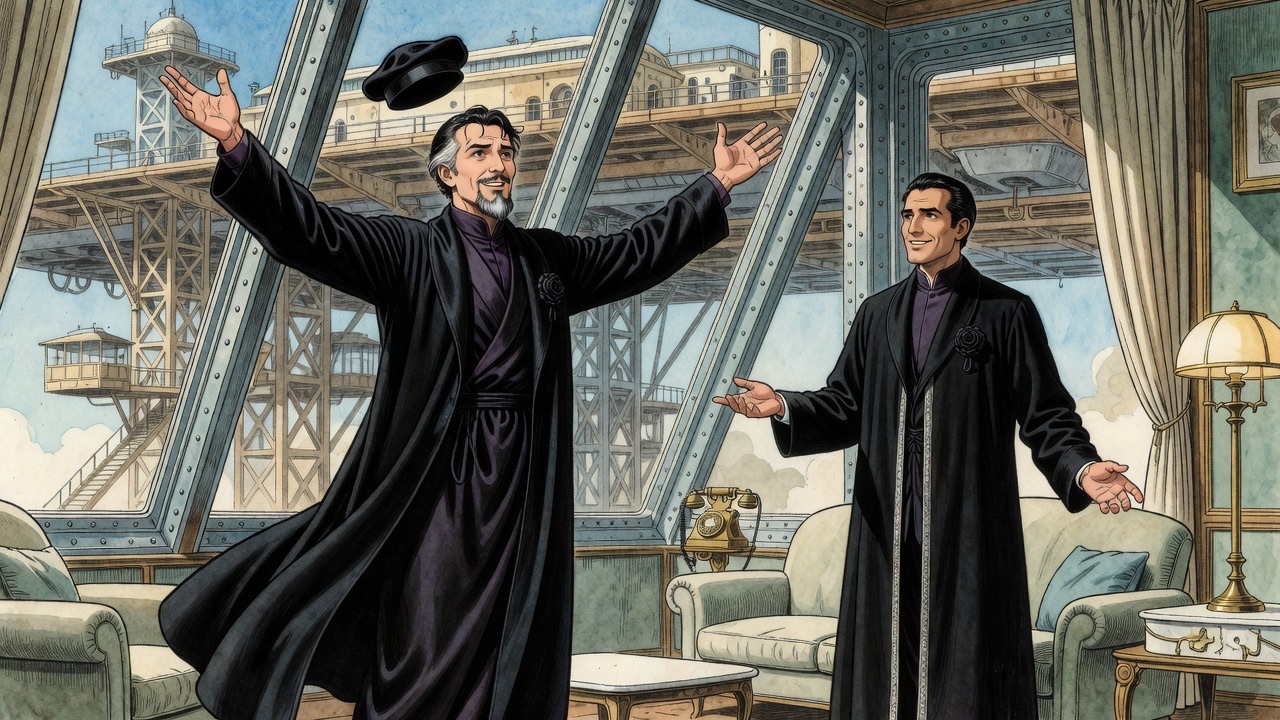 A windswept bearded man in a black robe gestures upward with delight while a courteous man in black listens in a room of girders and slanting windows.