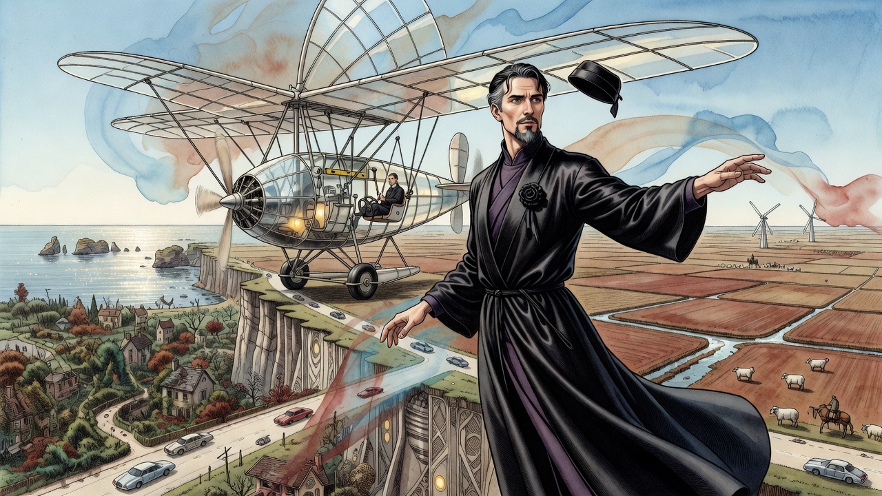 Close on a man's hands shaping a swooping wing in the air, a ghostly monoplane over fields painted behind them.