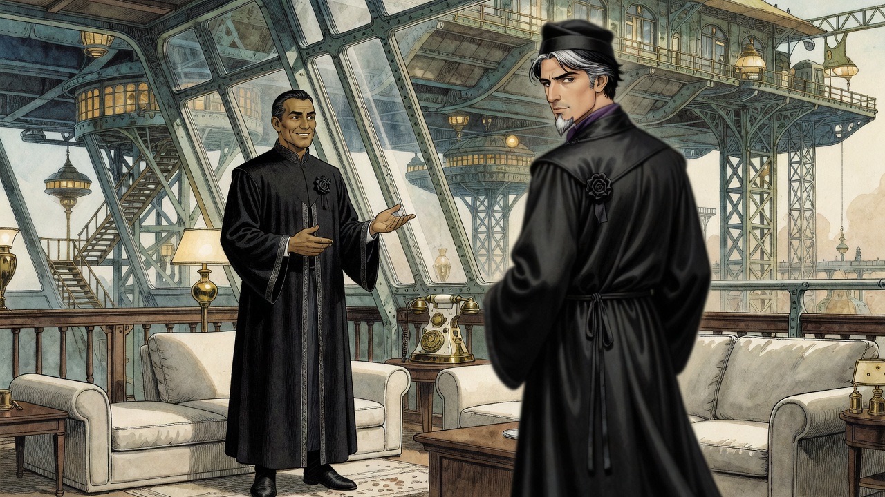 Over a bearded man's shoulder, a smiling courtier in black spreads an open hand in gracious offer.