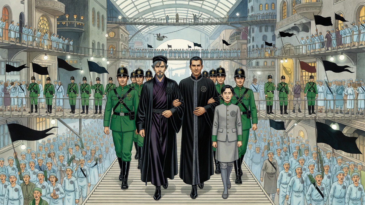 From high above, a small procession guarded in green moves through a colossal city canyon packed with cheering crowds in pale blue.