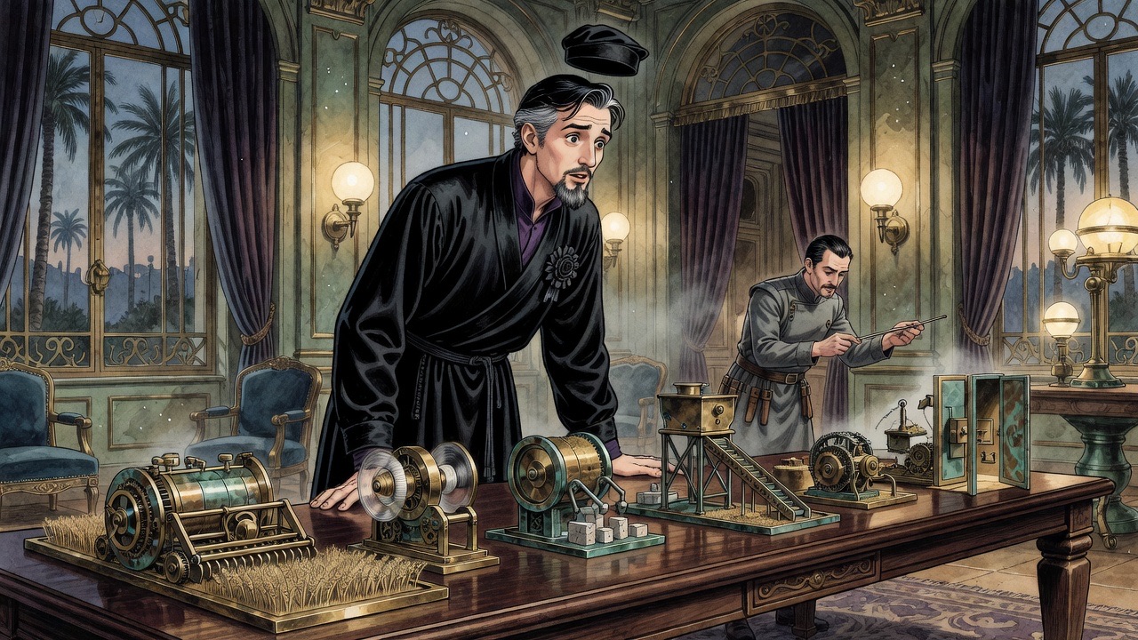 An engineer demonstrates whirring miniature machines on a long table while the bearded man leans in, astonished.