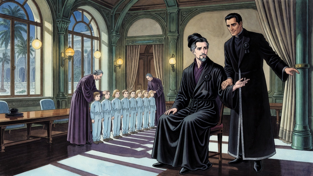 Hypnotists in dark gowns present a row of pale children in blue standing with glazed eyes as the bearded man watches uneasily.