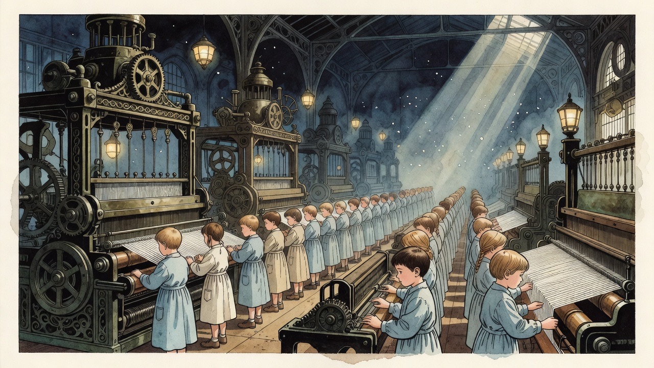 Imagined vignette of rows of small blue-clad children tending great machines with identical punctual movements.