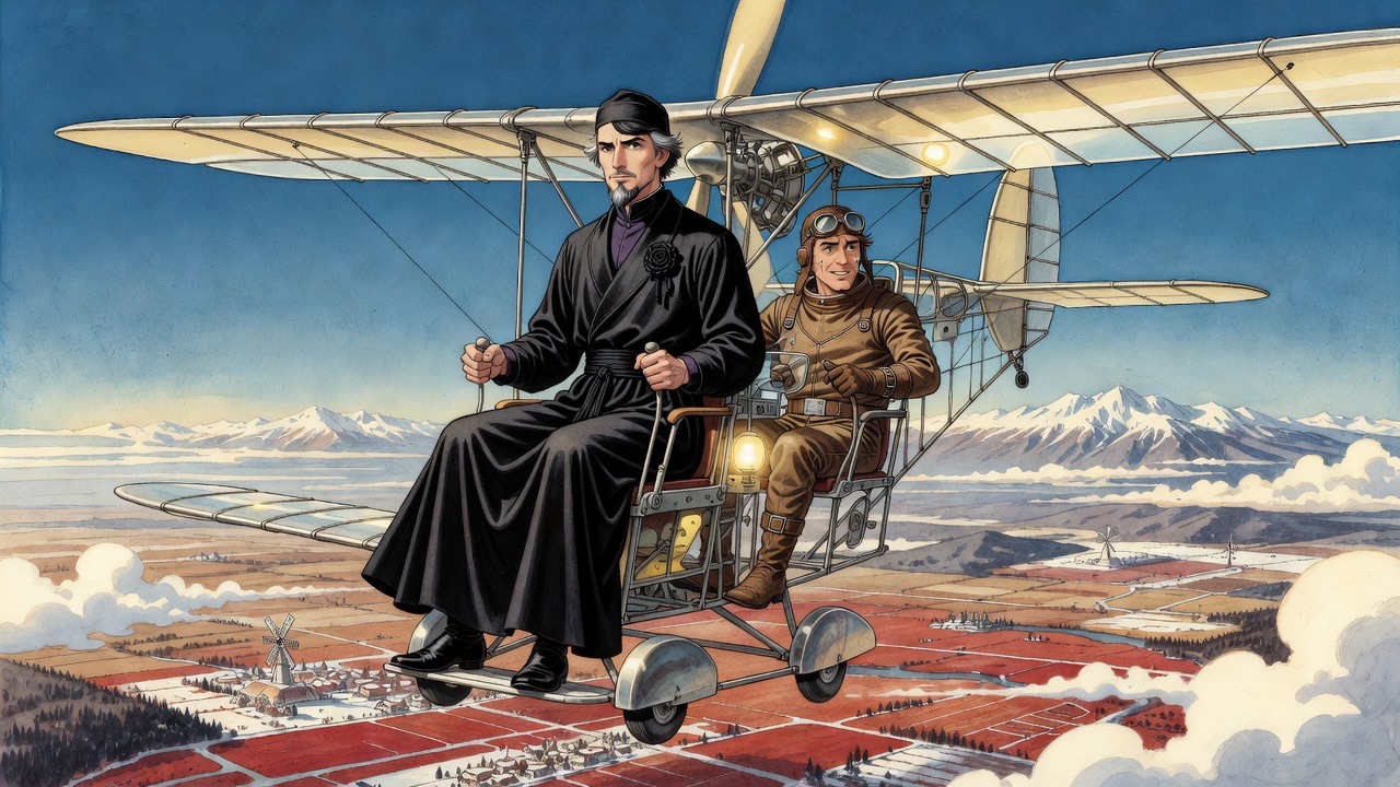 A small glassy-winged monoplane crosses high above France toward a range of snowy mountains.